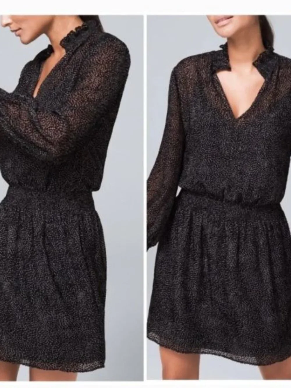 WHBM Polka Dot Blouson Dress Large Black White Sheer Mesh Mini Cocktail Casual - Picture 9 of 9